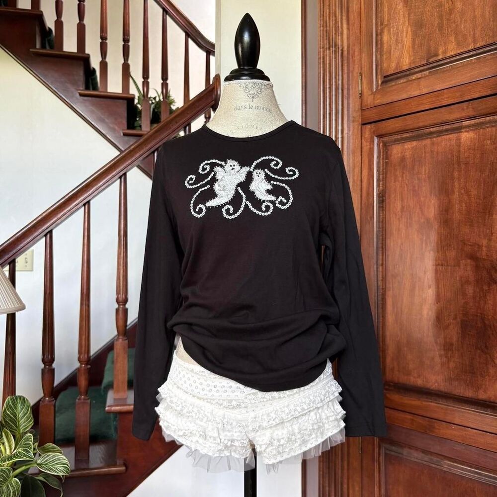 Ghost Black White Halloween Fall Spooky Long Sleeve T Shirt Sequin Beaded